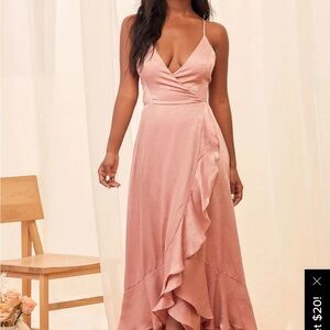 In Love Forever Rose Pink Satin Lace-Up High-Low Maxi Dress-XS